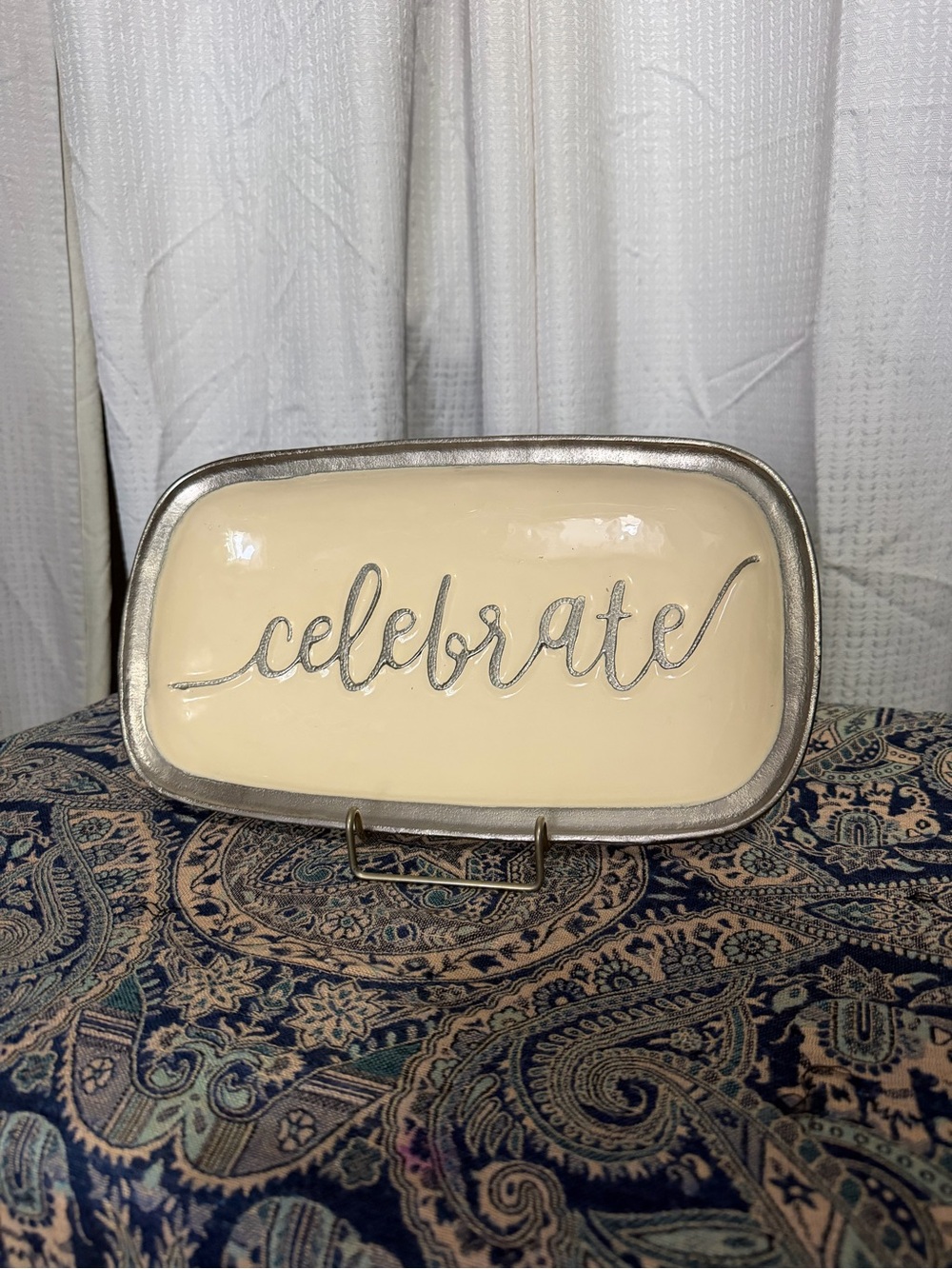 Mud Pie Cream Ceramic Tray with Silver "Celebrate" Script